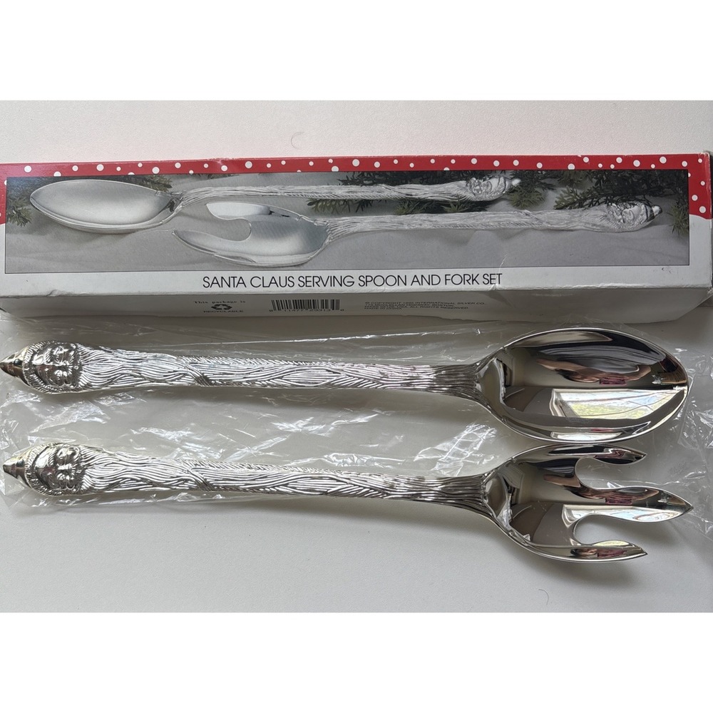 Vintage Silver Silverplated Santa Claus Salad Fork & Spoon Serving Holiday